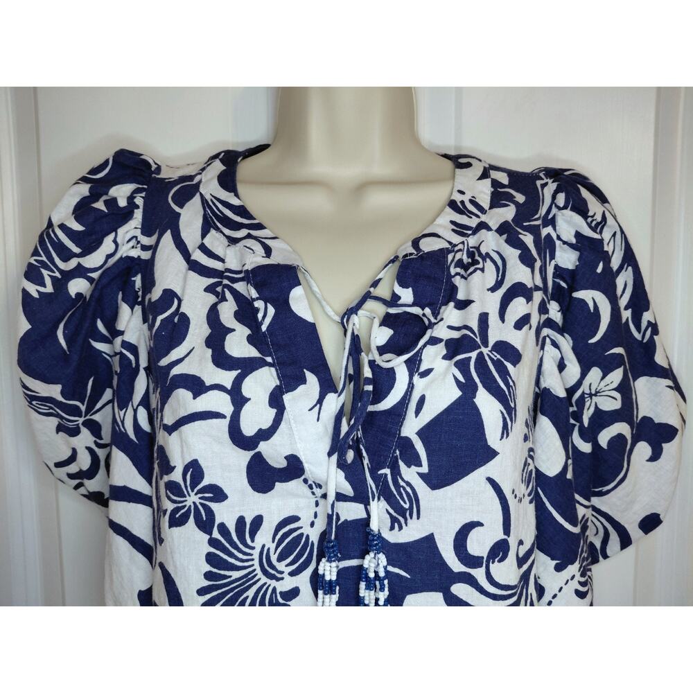Christian Siriano Blue White Floral Resort Lounge Set Small Beaded Boho Linen - Picture 8 of 16